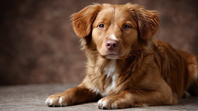 Brown Dog Lying Down Looking Calmly At Camera.