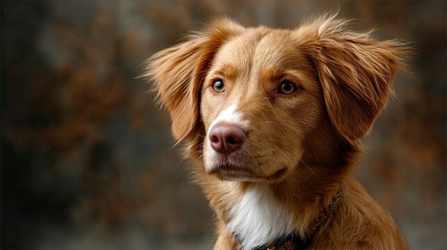 Close up portrait of attentive brown dog outdoors.