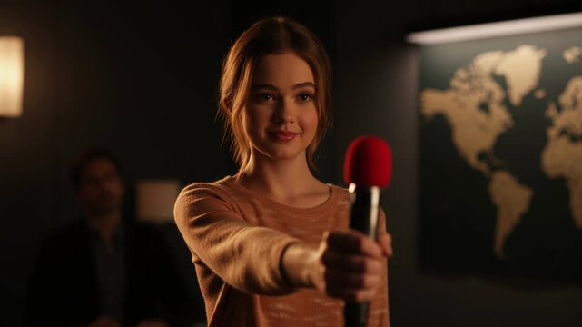 Microphone Held by a Smiling Woman During a Podcast Style Interview in a Dimly Lit Studio with World Map Backdrop