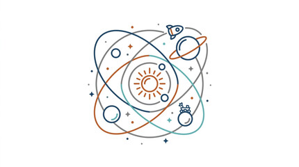 Stylized Solar System with Planets and Rocket Ship. © henceta