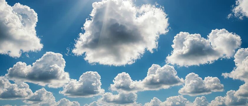 Cumulus clouds drift across a bright blue sky with sunbeams breaking through during a sunny day in a serene atmosphere