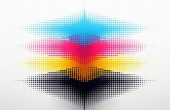 Abstract pattern of colorful dots forms CMYK color model. Halftone dots blend in cyan magenta yellow black, representing print process. Dynamic graphic design with optical illusion effect.