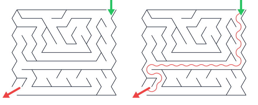 Rectangular maze for kids, easy printable logic game, find the way from start to exit, line art, activity worksheet page with solution