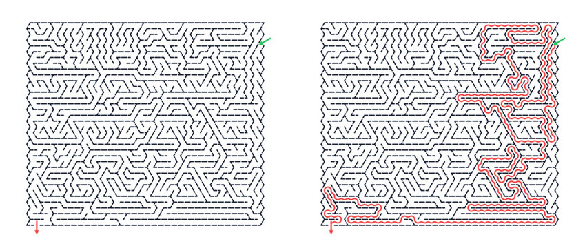 Rectangular maze for adults, medium difficulty printable logic game, find the way from start to exit, line art, activity worksheet page with solution