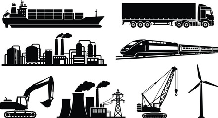 Obraz premium Industrial and transportation vector icons set featuring cargo ship semi truck train factory excavator power plant crane and wind turbine silhouettes