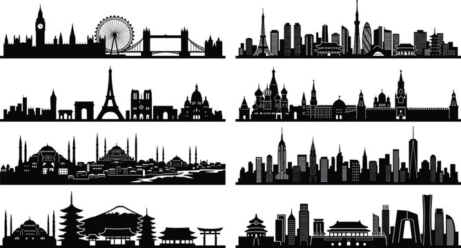 Famous world city skylines silhouette vector set featuring iconic landmarks from London, Paris, Tokyo, Moscow, Istanbul, New York, and Beijing