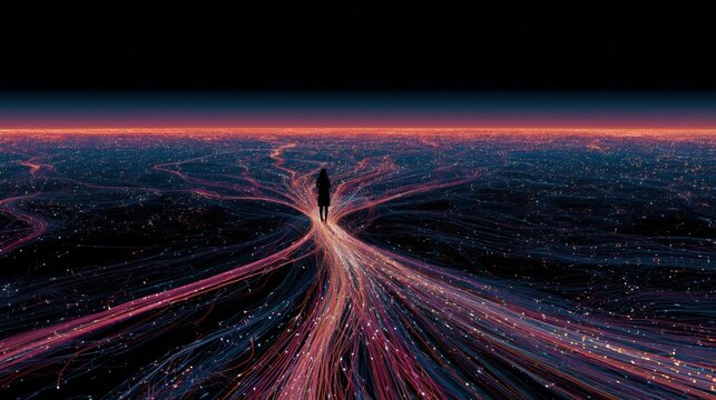 A professional stands in a dark digital space where glowing paths intersect, highlighting automated complexity in a panoramic view.