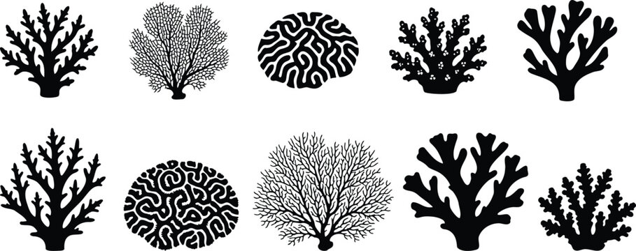 Set of black coral reef sea plant icons