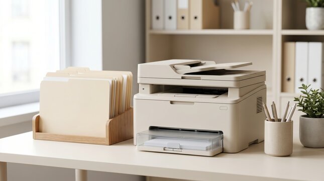 Beige laser printer on office desk with file folders and pens