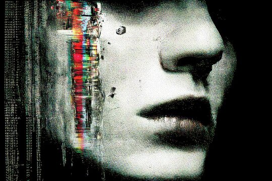 Human face outline with digital glitch effect