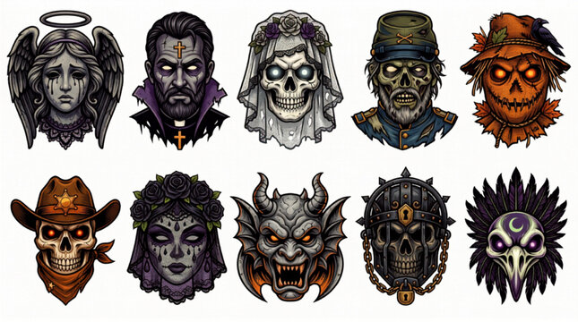 Halloween horror tattoo flash sticker set featuring zombie soldier, skull bride, gargoyle, and spooky gothic characters