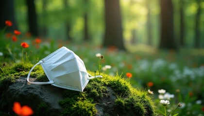 Fototapeta premium White face mask rests on mossy rock with red and white flowers. Rich green forest background with sunlit trees. Nature recovers after pandemic.
