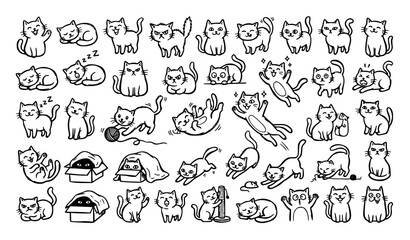 Cute doodle cats big collection hand drawn kitten poses and expressions line art vector set eps10 © Md Monirul