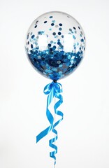 Fototapeta premium Transparent balloon with blue confetti floats in air. Bright blue ribbon tied on balloon strings curls down. Simple isolated object for party event decoration.