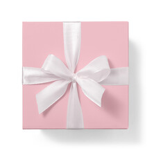 Fototapeta premium Pink gift box with white bow isolated on white background. Top view. Flat lay.