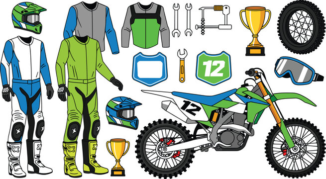 Motocross Dirt Bike Racing Gear and Motorcycle Equipment Vector Illustration Set