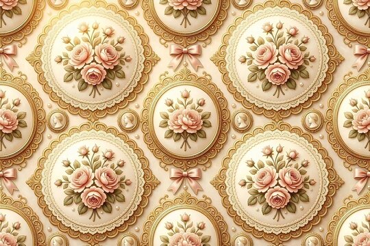 Charming coquette style laptop background with Victorian floral patterns and gold filigree borders for romantic widescreen desktop wallpapers