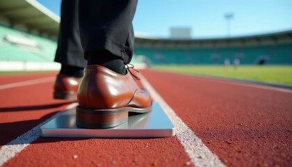 Fototapeta premium Man in brown dress shoes stands on track starting block. Business person ready for race. Career ambition and competition concept. Success journey begins.
