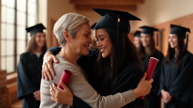 Graduation Cap Celebration Shows Smiling Graduate Hugging an Older Woman in a Warm Auditorium with Diplomas