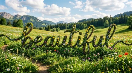 Fototapeta premium Beautiful Nature Landscape Featuring the Word Beautiful Created from Moss and Wildflowers