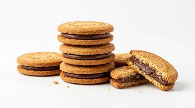 Stack of Chocolate Filled Sandwich Biscuits with Broken Cookie Showing Creamy Chocolate Filling