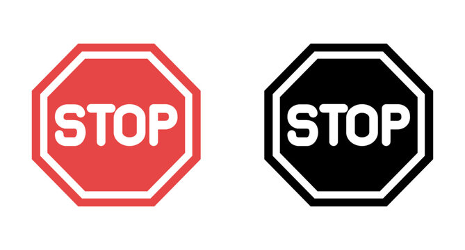 Stop sign icon in classic red, octagon shape, clear white border, and bold text for traffic and safety warnings