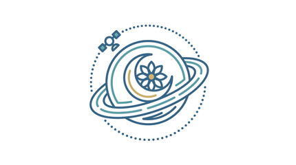 Stylized Planet with Crescent Moon and Flower Icon. © Xutla
