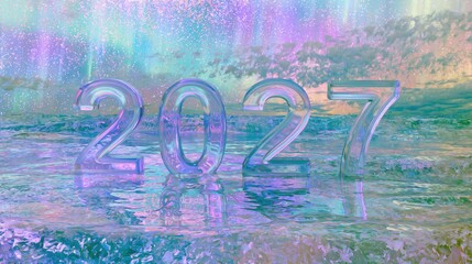 Fototapeta premium A translucent glass lake reflects the year 2027 with an aurora gradient sky above during a celebration scene at twilight.