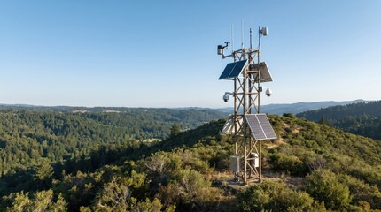 Fototapeta premium Telecommunications tower equipped with solar panels and cameras on green forested hill