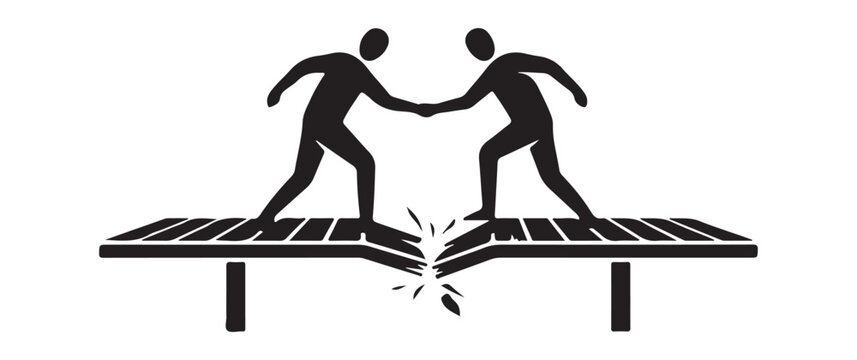 Silhouette of two business people shaking hands over a broken bridge gap with handshake, business