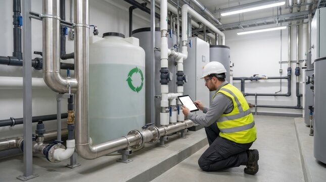 Engineer using digital tablet inspecting industrial water treatment system with recycling logo
