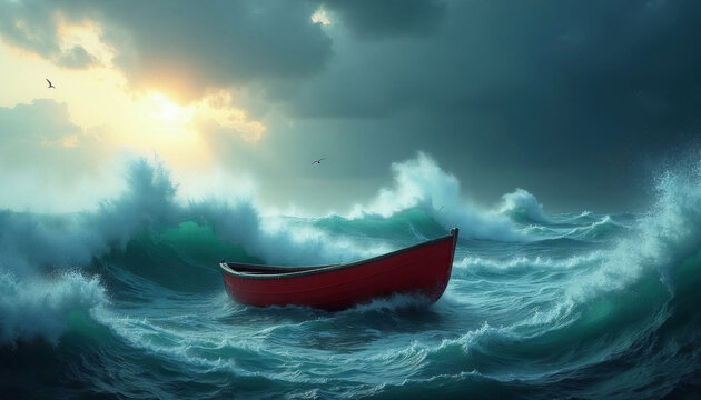 Red boat tossed on stormy sea waves. Ocean storm with crashing water under dark clouds and dramatic sunrise. Small vessel drifts alone in the rough water.
