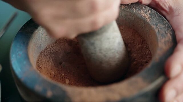 сlose-up of a stone mortar and pestle grinding red sand red clay.