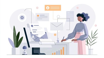 Fototapeta premium Woman sitting at a desk in front of a computer. she is wearing a gray blouse and a pink skirt and has curly hair. the desk is cluttered with papers, a lamp, and other office supplies.