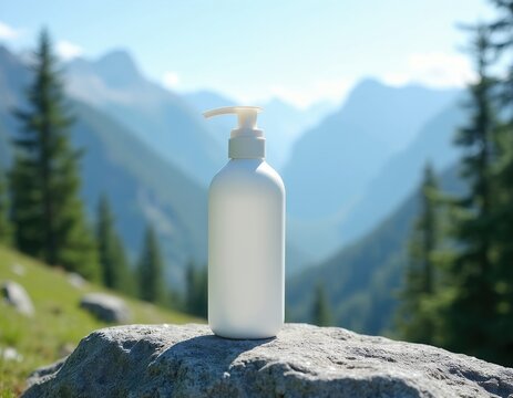 White pump bottle on rock, natural mountain landscape background. Product for travel, hiking, camping, outdoor use. Pure, clean, healthy choice.