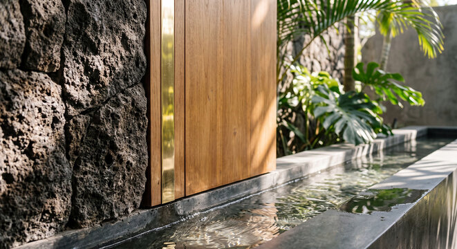 Water flows from a wooden feature into a stone basin surrounded by plants