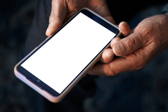 Hands holding smartphone with blank screen for app mockup