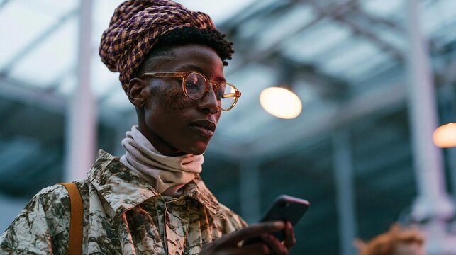 Young african-american woman wearing a camouflage jacket and a head wrap. she is holding a smartphone in her hands and appears to be looking at it intently.
