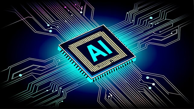 AI Chipset Artificial Intelligence Logo Background. Glow CPU Microchip Dark Tech Futuristic Circuit Pattern BG Design. Chip Board Backdrop Digital Cloud Future Data Technology. Vector illustration