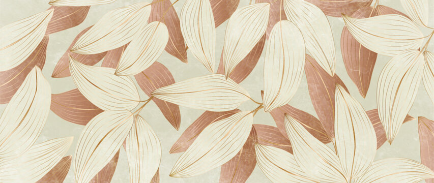 Premium art background featuring leaves on a branch in a vintage style with gold line elements. Hand-drawn botanical banner for wallpaper, prints, decor, textiles, packaging, and interiors.