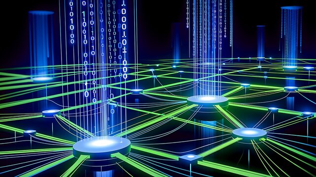 Binary Code Zeros Ones Data Flow Neural Network Visualization with Digital Nodes, Big Data AI Machine Learning Algorithm System, Digital Technology Background for Artificial Intelligence Concept 