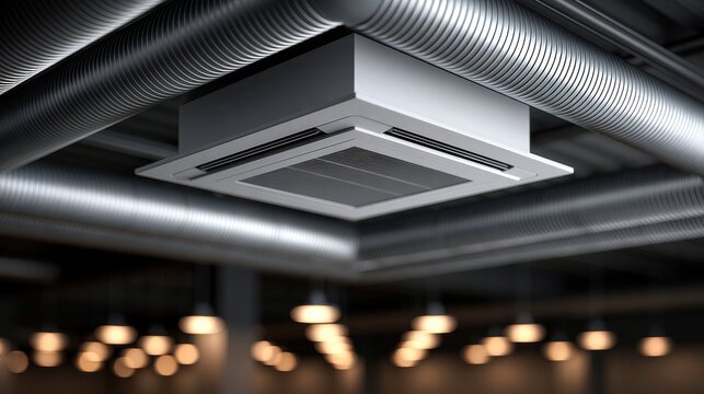 Ceiling-mounted HVAC system installed in a modern industrial office. Commercial building ventilation and climate.
