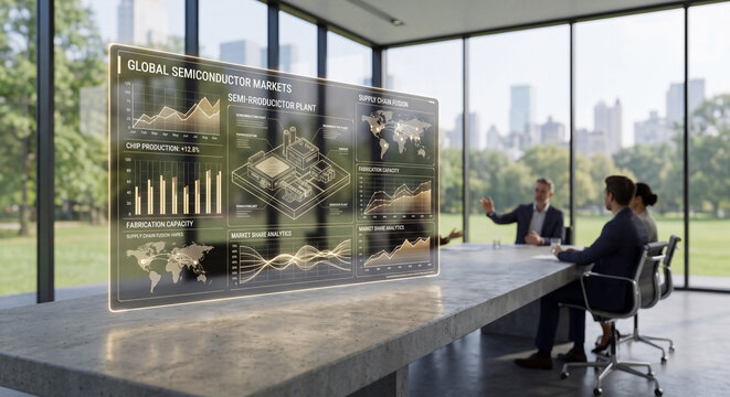 Meeting in a conference room discussing global semiconductor markets and data