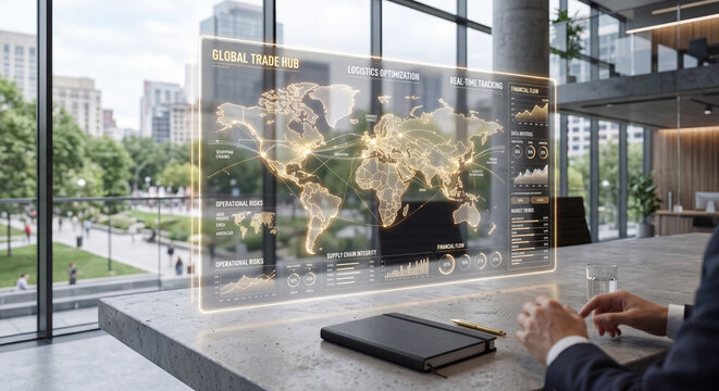 Business professional examines global trade data in modern office