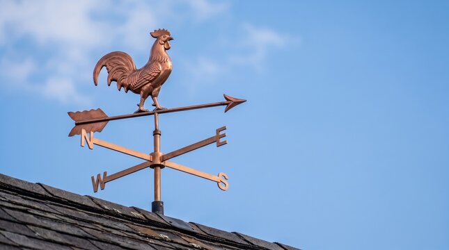 Weather vane rooster on roof against blue sky background  