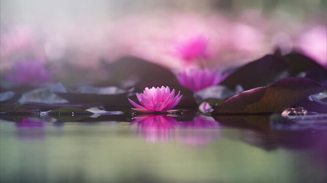 Pink lotus flower or water lily reflected on the water surface of a pond. Shallow depth of field. Slowmotion 