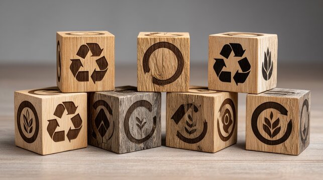 Stacked wooden cubes with recycling and green energy symbols.