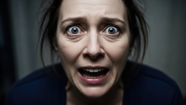 Woman's terrified face, wide eyes, open mouth, expressing fear and shock