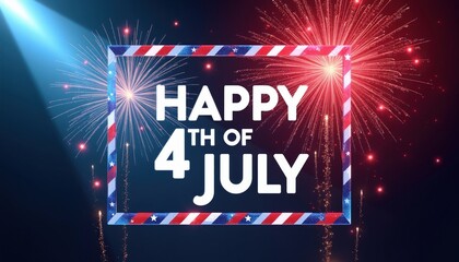 Fototapeta premium Explosion of red and blue fireworks in dark night sky. White text HAPPY 4TH OF JULY inside patriotic frame. Spotlight effect illuminates festive scene. Celebrate Independence Day.