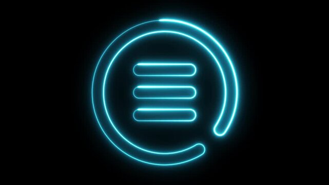 Glowing cyan neon light menu with three horizontal lines inside a circular frame isolated on a black background for digital interface navigation